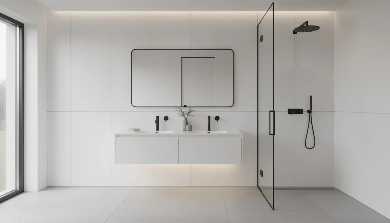 De moderne badkamer is ingericht met strakke witte wandpanelen en zwarte kranen, wat zorgt voor een eigentijdse uitstraling. De afwerking van de wandpanelen reflecteert een hoogglans, waardoor de ruimte een luxe gevoel krijgt.