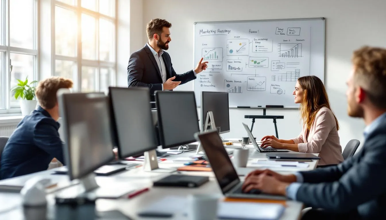 The image depicts a diverse team of marketing professionals collaborating on a project, utilizing AI tools and data analysis to optimize marketing campaigns. They are engaged in creative discussions, focusing on strategies to enhance brand visibility and effectively target their audience through personalized content and innovative marketing materials.