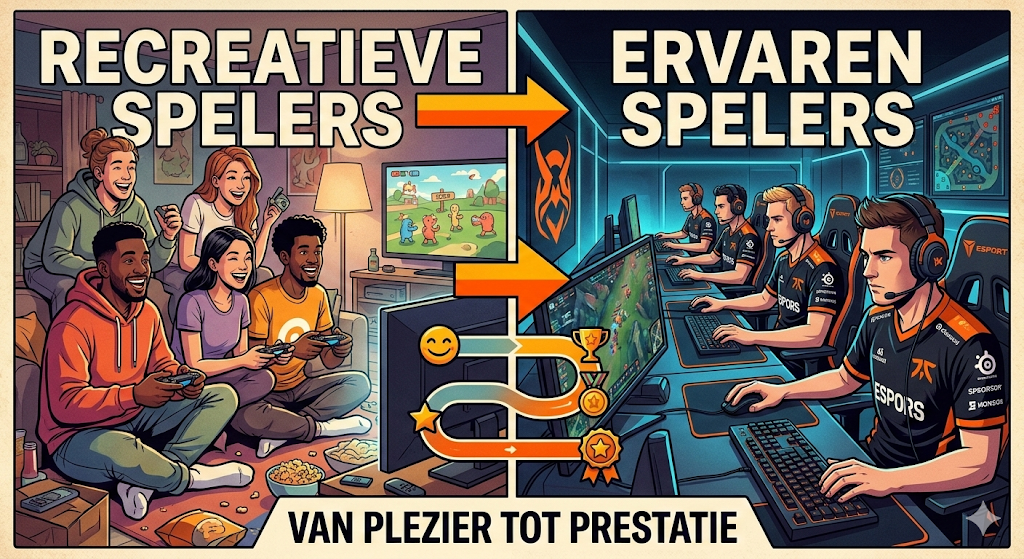 Illustratie van het verschil tussen recreatieve spelers en ervaren spelers in online games en poker, waarbij beginners vooral voor plezier spelen terwijl ervaren spelers strategie en analyse gebruiken om beter te presteren.