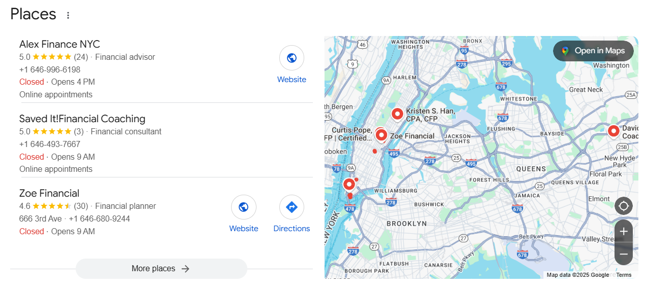 Local SEO for financial coaches example. 