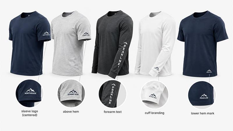 Sleeve, forearm, cuff and lower-hem logo placement examples