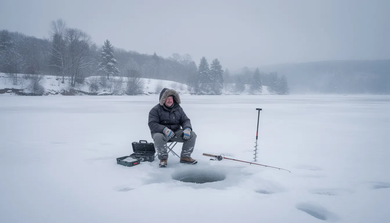 Na obrazie widoczny jest zimowy krajobraz nad jeziorem, gdzie wędkarz stoi przy przerębli na lodzie, przygotowując się do łowienia ryb. W tle widać pokryte śniegiem drzewa oraz spokojną taflę wody, co sugeruje, że ryby biorą w styczniu, a wędkarstwo podlodowe staje się popularną formą aktywności w okresie zimowym.