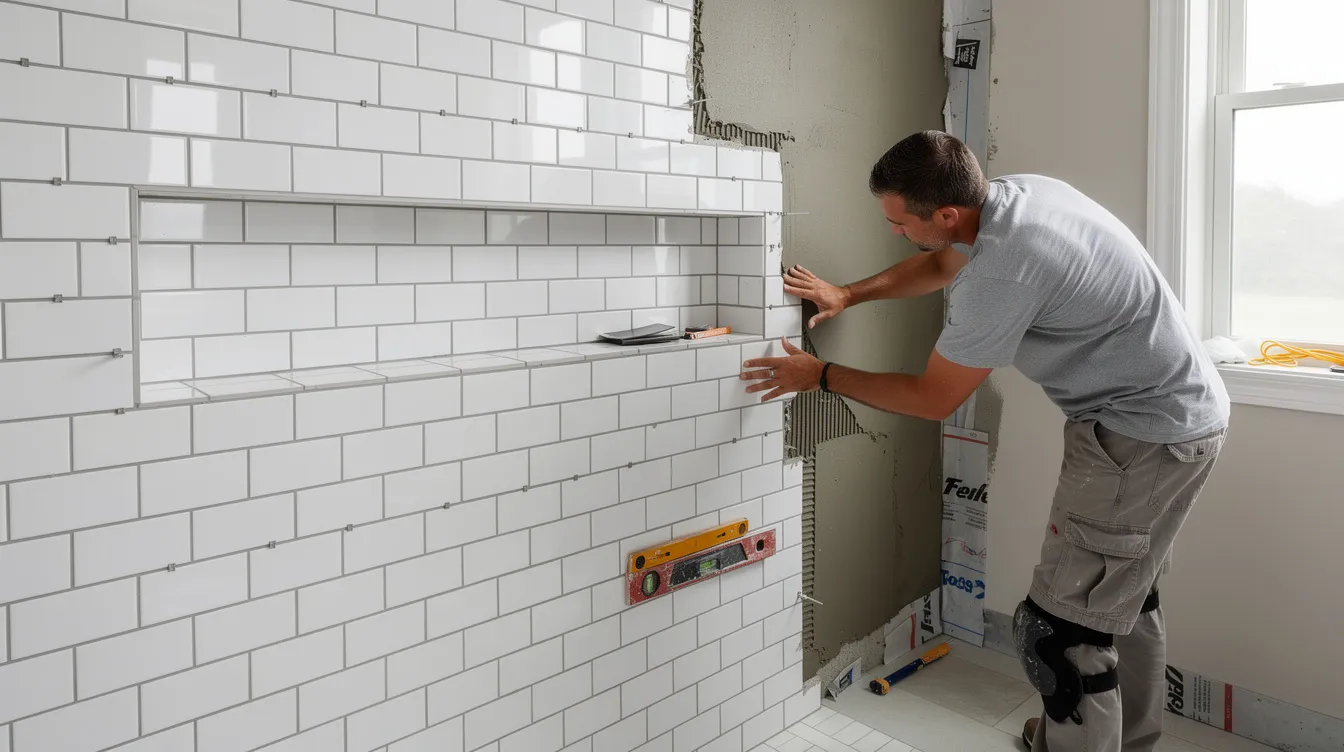 The image depicts a professional installation of white subway tile in a shower, showcasing the careful placement of new tiles against the walls. This custom tile work is part of a larger bathroom remodel project, emphasizing the importance of skilled labor and attention to detail in the construction phase.