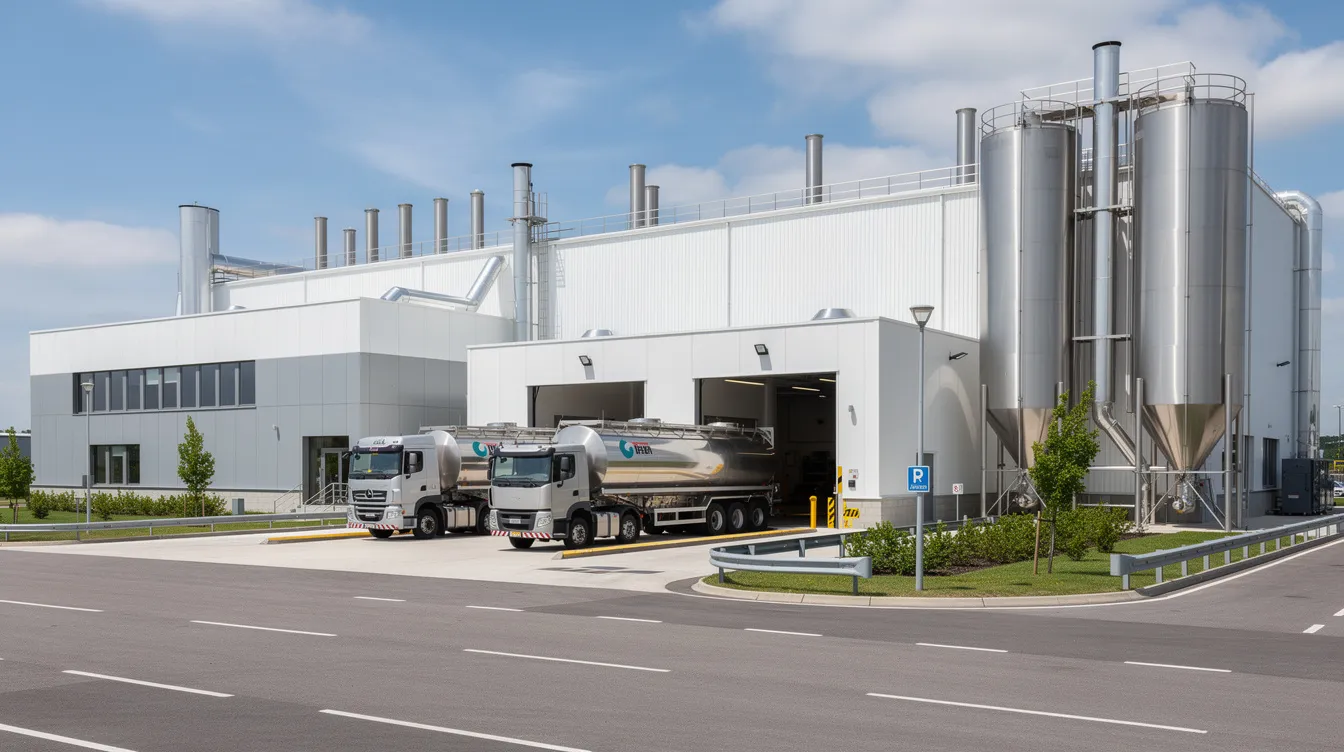 The image shows the exterior of a modern dairy processing facility featuring tanker trucks and various industrial infrastructures, essential for dairy operations. This facility is equipped with utilities like refrigeration compressor units and milk cooling systems, highlighting its role in the dairy industry and energy efficiency.