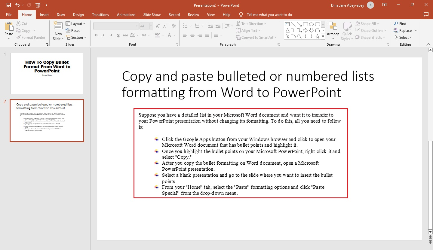 Once you press Ok, you bullet point format from Word has been transfer to your PPT.