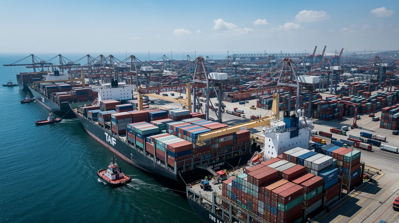 The image depicts a bustling commercial port filled with cargo ships surrounded by towering stacks of shipping containers. This scene highlights the vital role of logistics in supporting 中小企業 and the overall business environment.