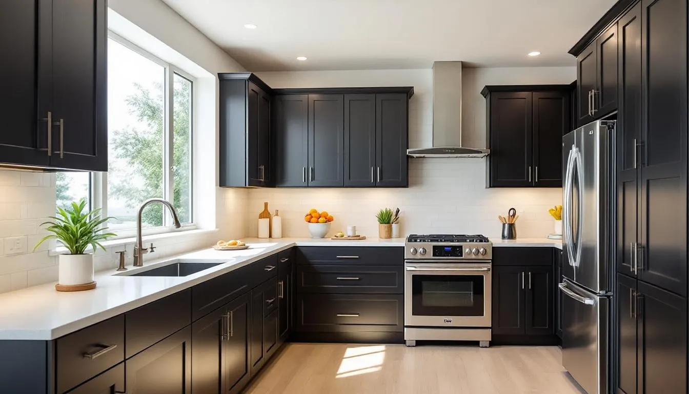 In a bright and well-ventilated kitchen, sleek Tricorn Black kitchen cabinets exude sophistication, enhanced by natural light that highlights their rich hue. The modern design features stylish cabinet hardware and pairs beautifully with a pure white kitchen island, creating a striking contrast that elevates the overall space.