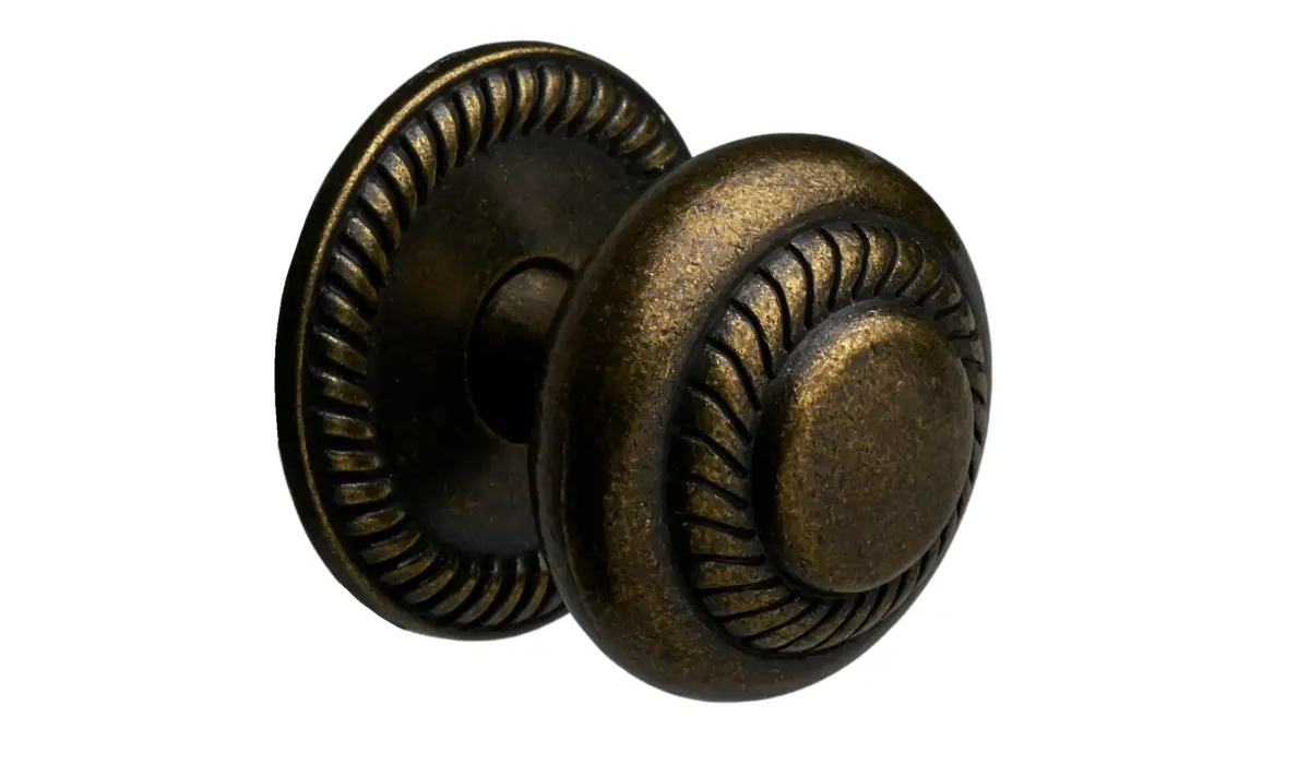 Brass door knobs handles - scroll lever on small rose with rope edge
