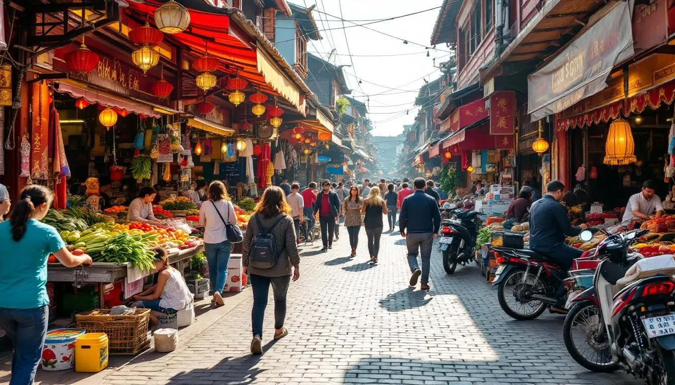 An illustration of a vibrant Asian online marketplace bustling with activity, showcasing various product categories such as consumer electronics and fashion items. The scene captures both local and international sellers engaging with Chinese consumers and other shoppers, highlighting the growing e commerce industry in Southeast Asia and the competitive pricing available on leading e commerce platforms.