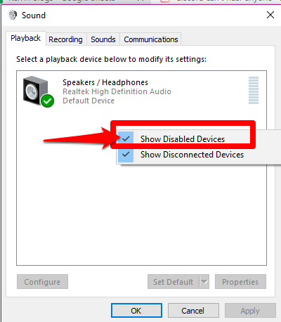 Picture showing the show disabled device option