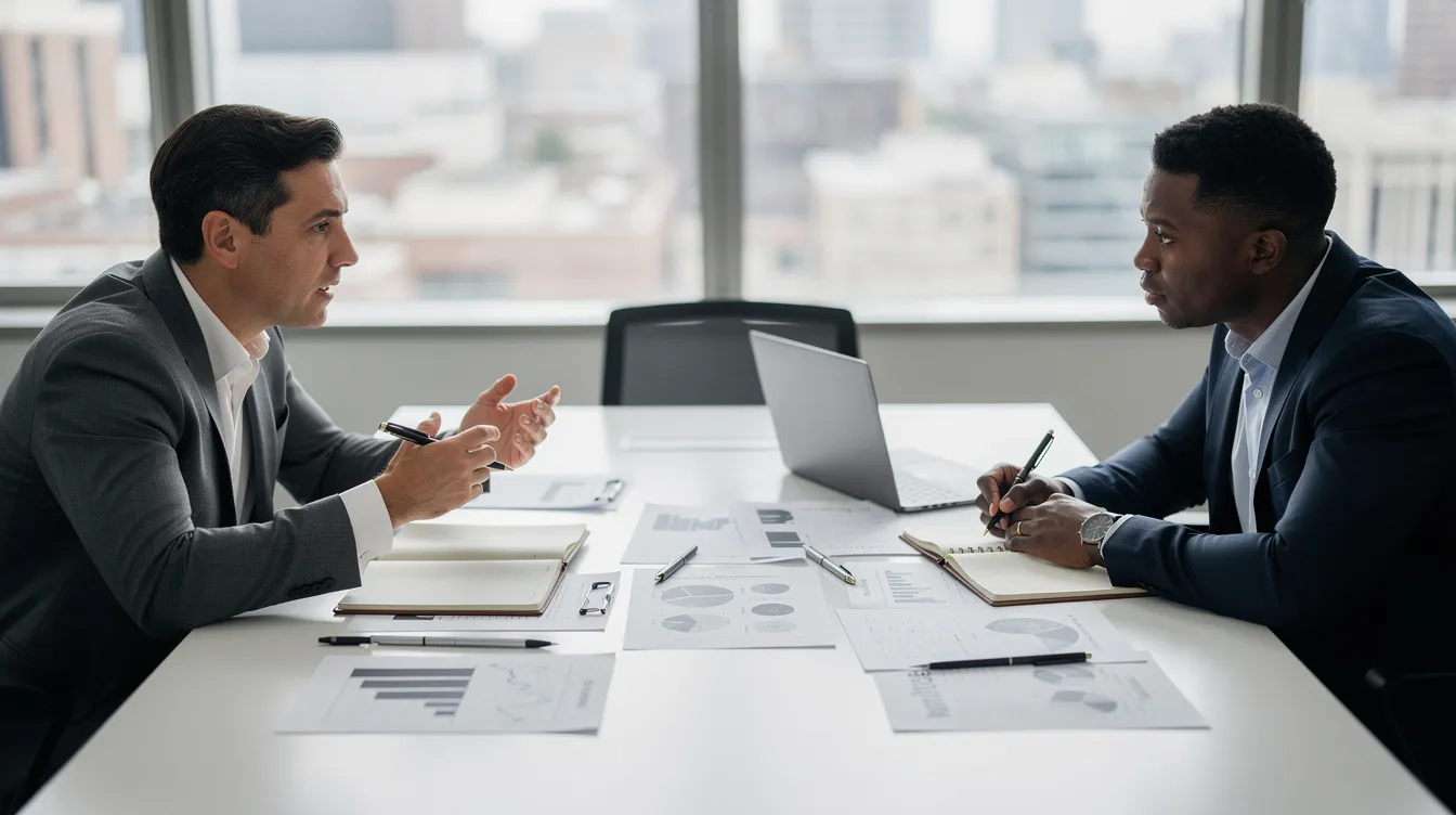 The image shows two professionals engaged in a discussion across a table filled with documents, likely related to legal matters. This setting reflects the importance of seeking legal assistance and the role of legal representation in navigating the complexities of the legal system.