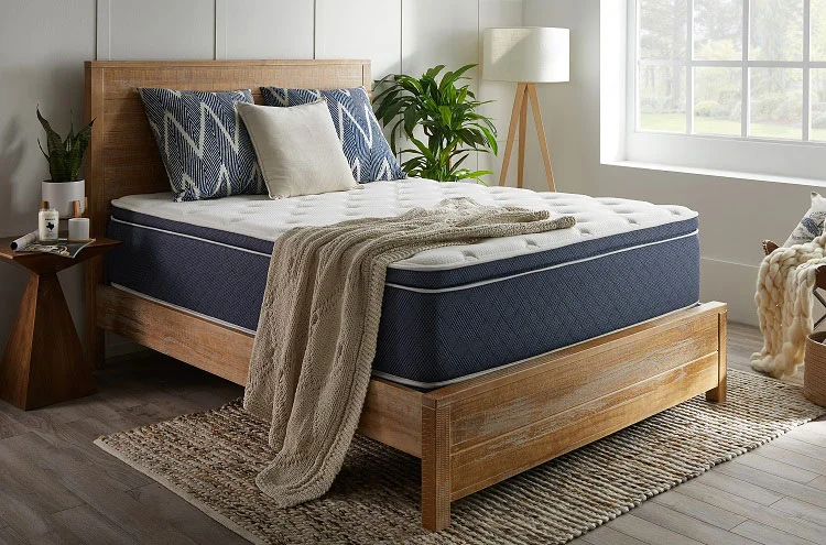 Modern bedroom with a clean mattress on a wooden bed frame, styled with blue patterned pillows, a beige throw blanket, and potted plants, showcasing a fresh and cozy space after professional mattress cleaning by Cleanology SG in Singapore.