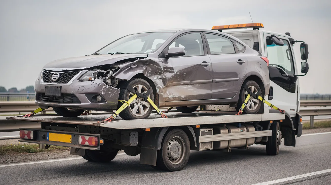 A flatbed carrier truck is shown transporting a damaged sedan that is secured for safe and reliable transport. This image highlights the process of shipping salvage cars, emphasizing the specialized equipment used to handle inoperable vehicles.