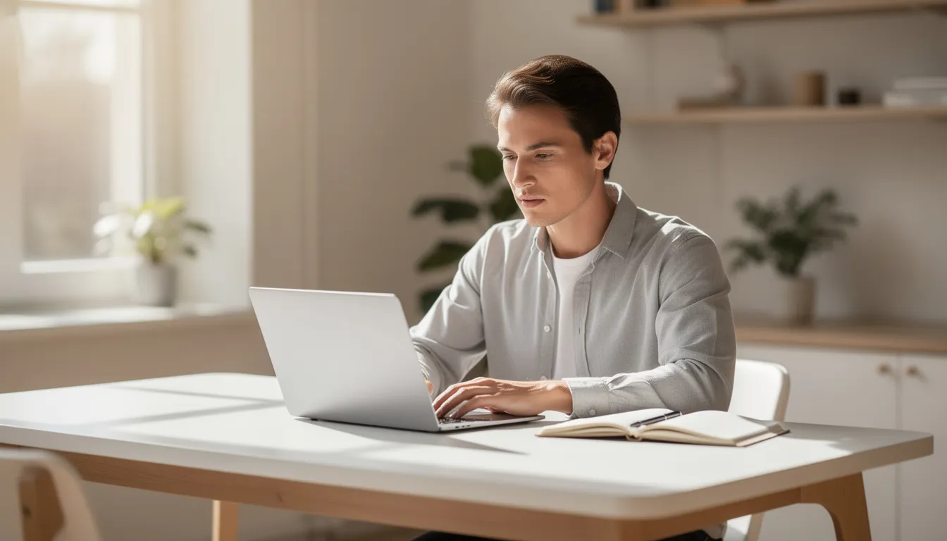 A focused individual is seated at a clean desk, working diligently on a laptop with a notebook beside them, illuminated by natural light streaming in from a nearby window. This serene setup may enhance mental clarity and support productivity, reflecting the benefits of a healthy lifestyle that includes nmn supplementation for improved energy and focus.