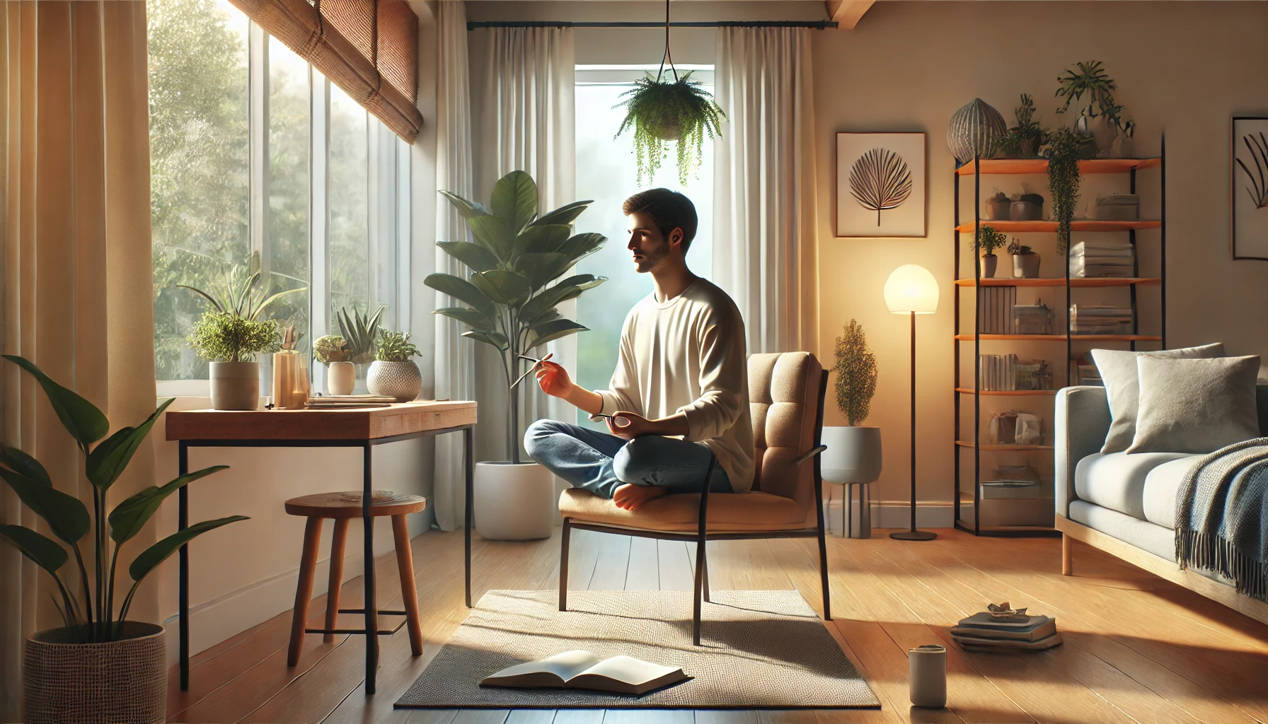 A person prioritizing their mental health in a tranquil room