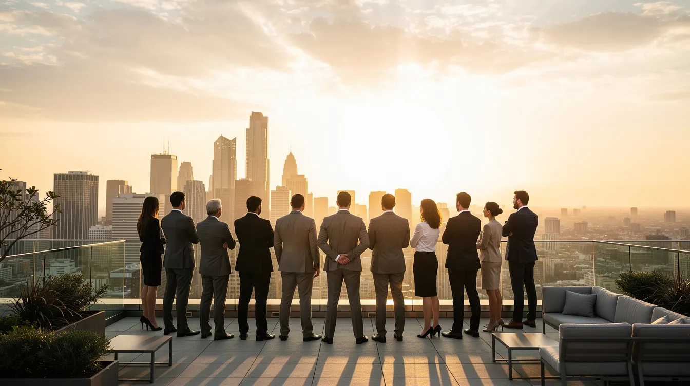 Des professionnels d'entreprise se tiennent sur une terrasse sur le toit, regardant ensemble vers un horizon lumineux, symbolisant l'importance de la gestion du changement pour la réussite d'une organisation. Cette image évoque les stratégies et les initiatives nécessaires pour naviguer à travers les processus de transformation et d'évolution dans le monde des affaires.