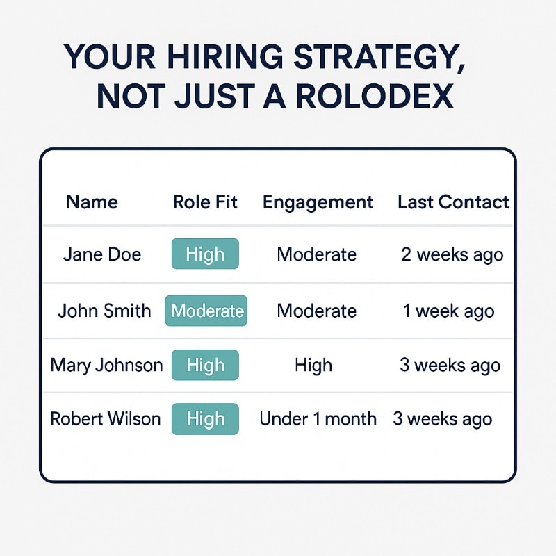 A dashboard-style mockup titled “Your Hiring Strategy, Not Just a Rolodex” displays a talent pipeline table with five columns: Name, Role Fit, Engagement Level, Last Contact, and Potential Start Timeline. Each row lists a candidate with corresponding status indicators, such as “High” or “Moderate” role fit and recent engagement dates. The layout uses navy blue text, teal status badges, and a light background to reflect a modern, proactive approach to candidate relationship management.