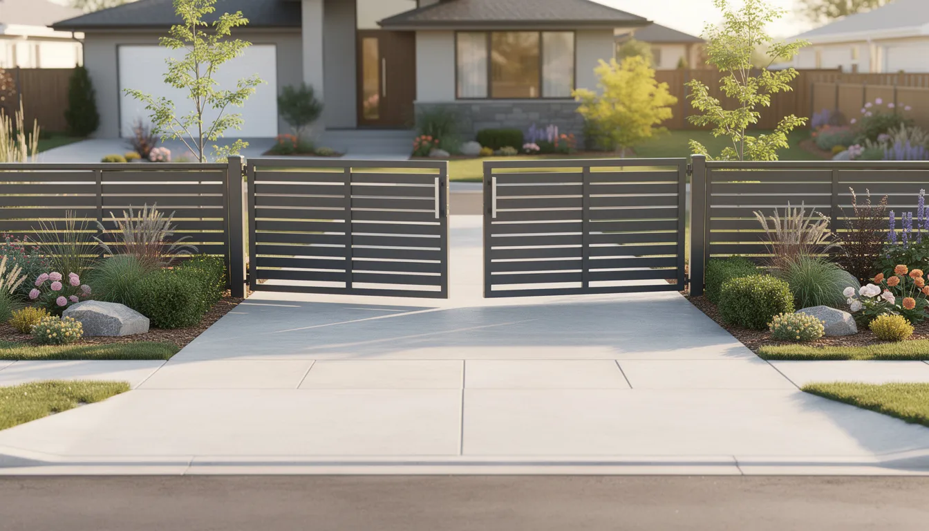 The image depicts a double swing gate opening inward on a flat suburban driveway, flanked by beautifully landscaped gardens on both sides. This automatic gate enhances the property's security and curb appeal, providing a stylish entrance to residential properties in New Zealand.