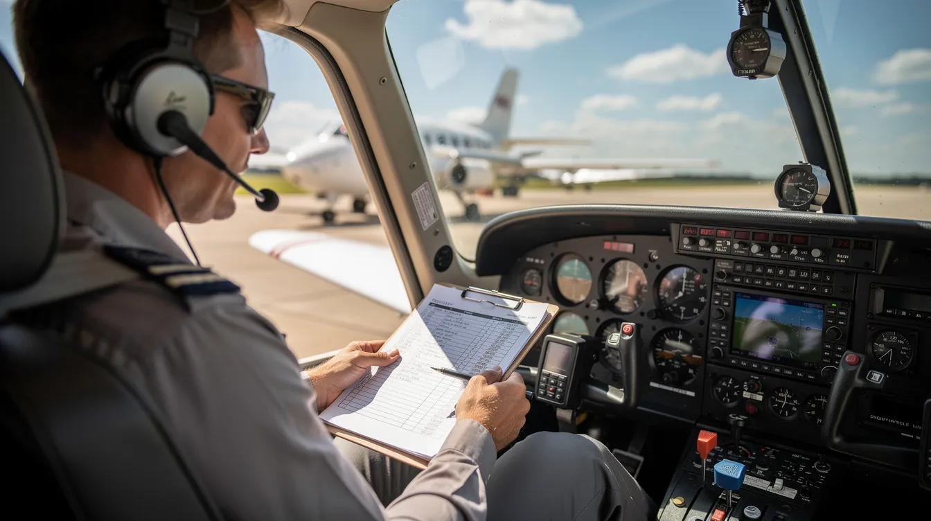 A pilot is seated in the cockpit of a small single-engine aircraft, conducting a preflight check under a bright sun. The image captures the importance of aviation safety and the pilot's preparation, which may involve ensuring compliance with FAA medical standards and maintaining their medical certification.