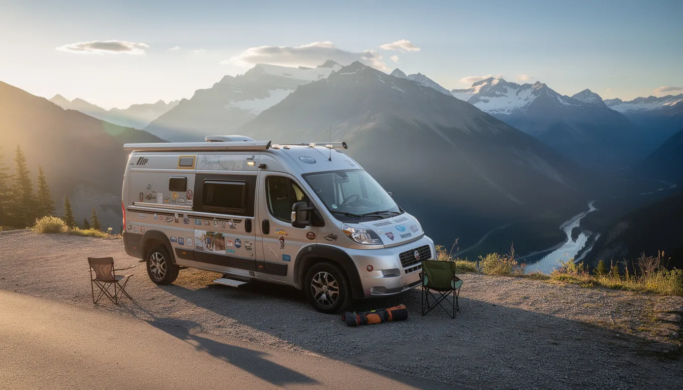 A compact Class B camper van is parked at a scenic mountain overlook, showcasing its sleek design against a backdrop of majestic peaks. This versatile vehicle is ideal for solo travelers or weekend getaways, offering ample space for storage and comfortable sleeping arrangements.