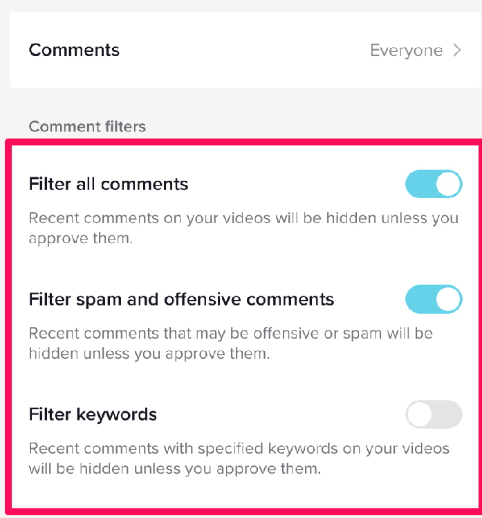 Image showing the various comment filters available