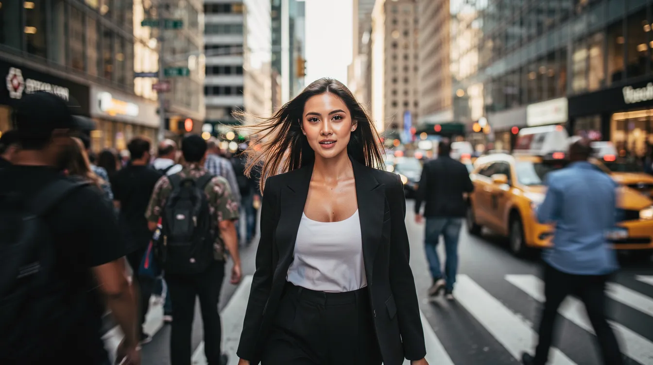 The image depicts a beautiful woman navigating the busy streets of New York City, surrounded by a diverse crowd of people. This bustling scene captures the vibrant energy of the NYC dating scene, where individuals seek meaningful connections amidst the fast-paced environment of the Big Apple.