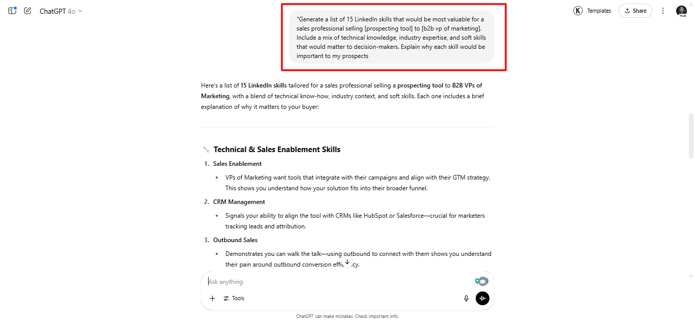 ChatGPT LinkedIn skills optimization example