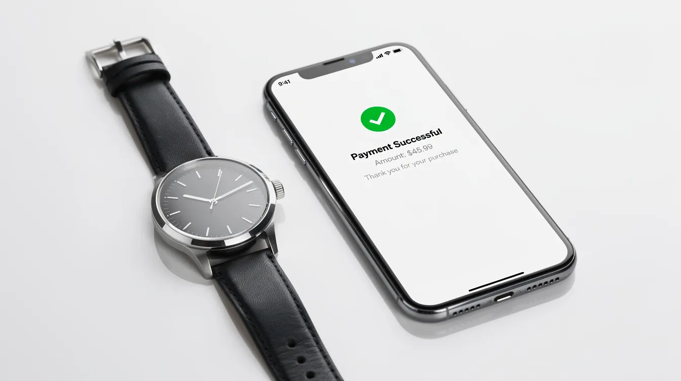 The image features a sleek wristwatch placed beside a smartphone that displays a payment confirmation screen, illustrating the convenience of digital payment services for international transactions. This setup highlights the importance of modern payment methods in managing finances across multiple currencies and local bank accounts.