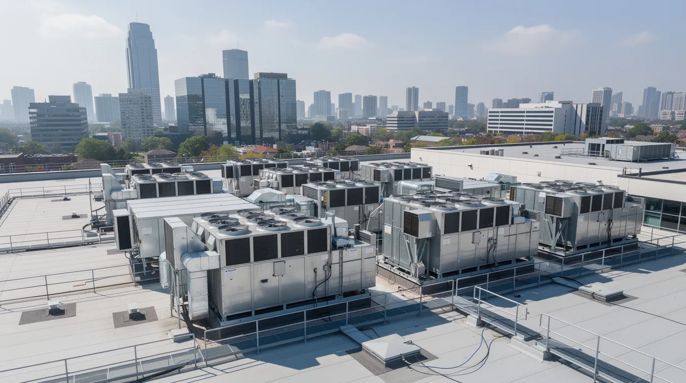 The image shows multiple commercial rooftop HVAC units positioned atop a large office building, with a bustling city skyline in the background