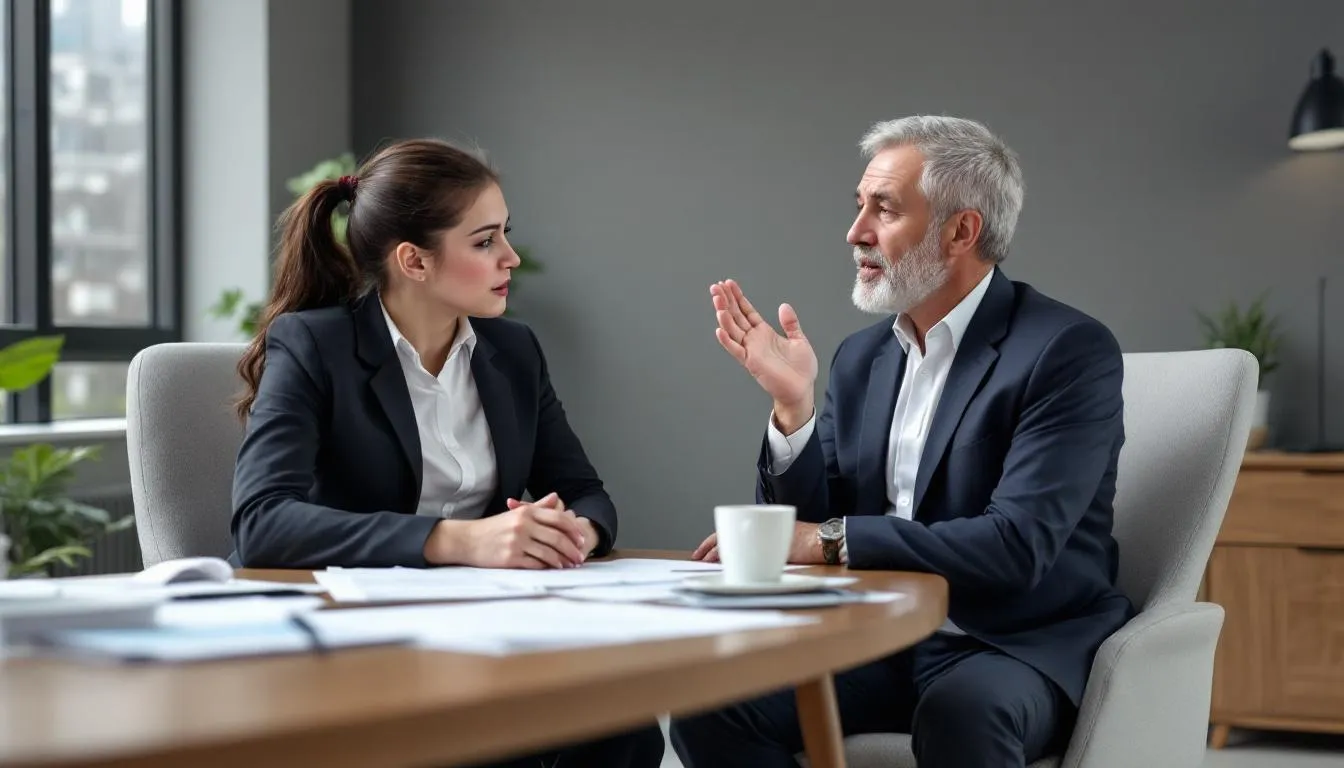 In dem Bild sehen wir ein Gespräch zwischen einem Arbeitgeber und einem Mitarbeiter, der ständig erkältet ist. Der Mitarbeiter erklärt seine Krankmeldung aufgrund von Symptomen wie Husten und Schnupfen, während der Arbeitgeber besorgt um die Gesundheit und das Immunsystem des Mitarbeiters ist.