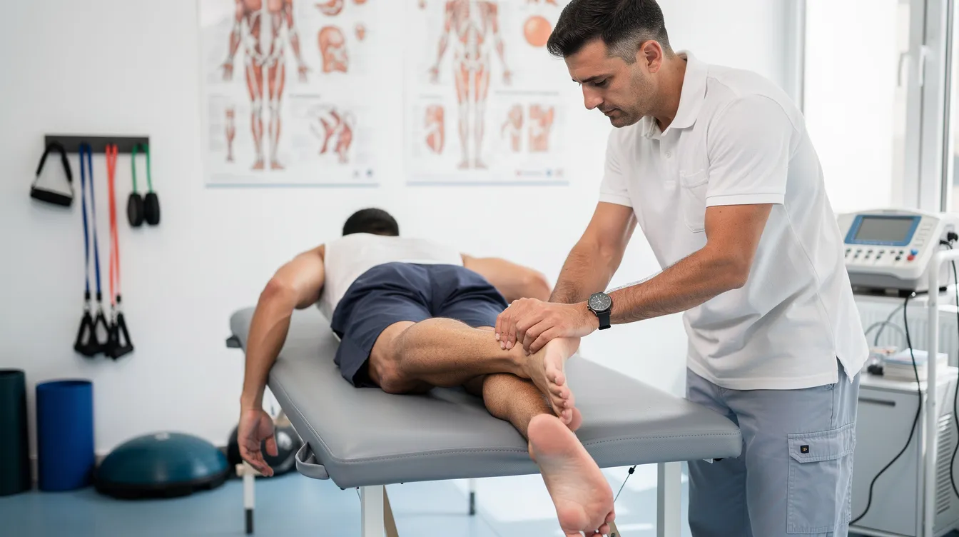 A patient is receiving shockwave therapy for Achilles tendinopathy in a modern physiotherapy clinic, where a physiotherapist uses mechanical pressure pulses to promote healing and improve blood circulation in the affected area. This highly effective treatment option aims to reduce pain and inflammation, facilitating recovery of the tendons and tissues.