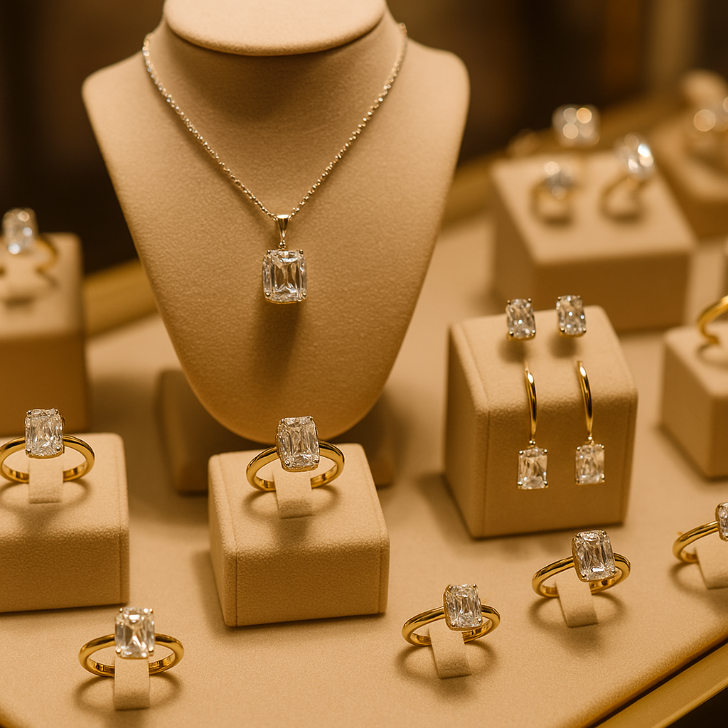 Prabangi vitrinos ekspozicija su radiant formos deimantų žiedais, auskarais ir pakabuku, eksponuojamais ant smėlio spalvos stendų, apšviestų šilta boutique apšvietimo šviesa.