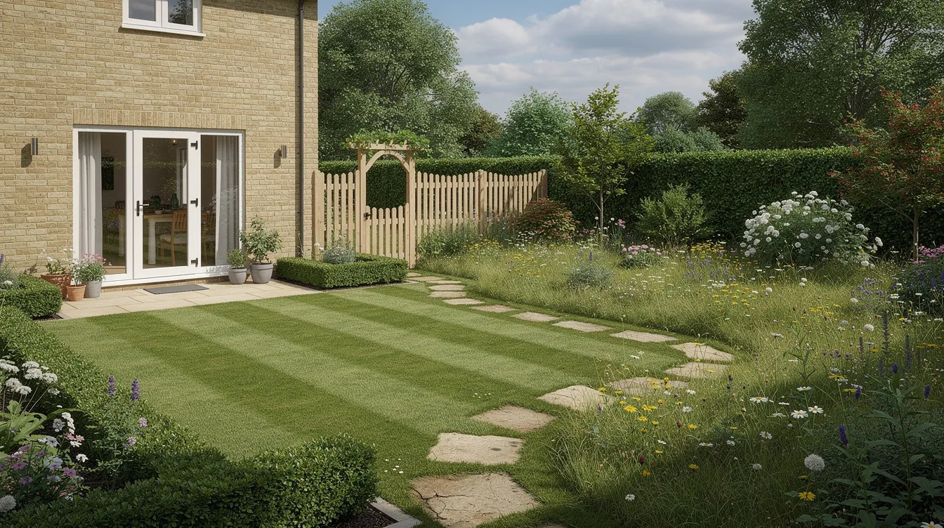 The image depicts a UK garden divided into distinct zones, featuring a neatly mown lawn area with a lush carpet of grass near the house, while further back, a wildflower meadow showcases a variety of native species and flowering plants, providing a habitat for local wildlife. The contrast between the ornamental lawns and the vibrant meadow illustrates a harmonious blend of traditional and low maintenance alternatives in garden design.