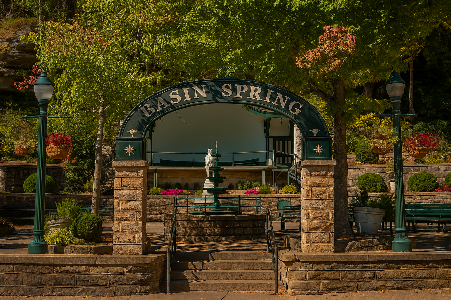 Basin Spring Park in Eureka Springs, Arkansas, Holiday Island. A place where people enjoy with live music, art, family, and rest from the noise, also is one of the most visited places in Eureka Spring Arkansas,