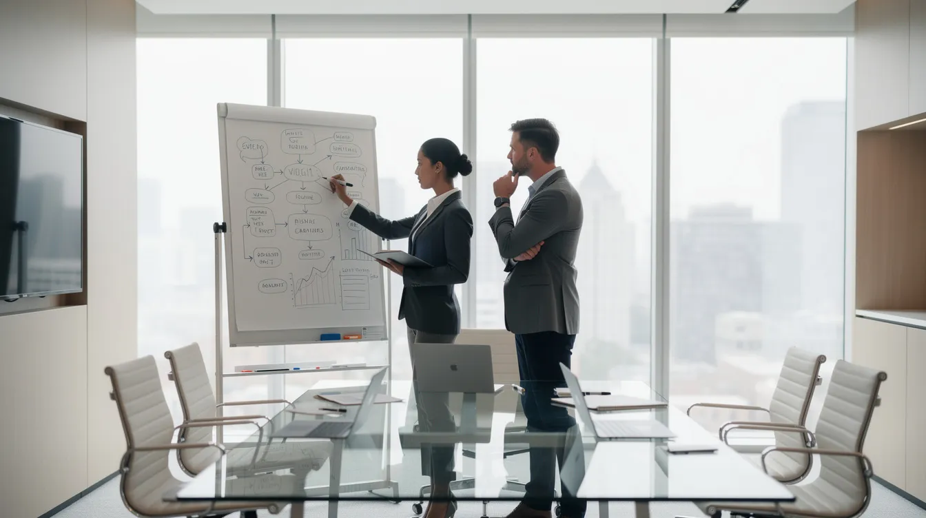 The image depicts two professionals engaged in a collaborative discussion at a whiteboard in a modern office meeting room, illustrating teamwork and strategic planning. This setting emphasizes the importance of effective hiring practices to avoid the costs of a bad hire, which can negatively impact team productivity and company culture.