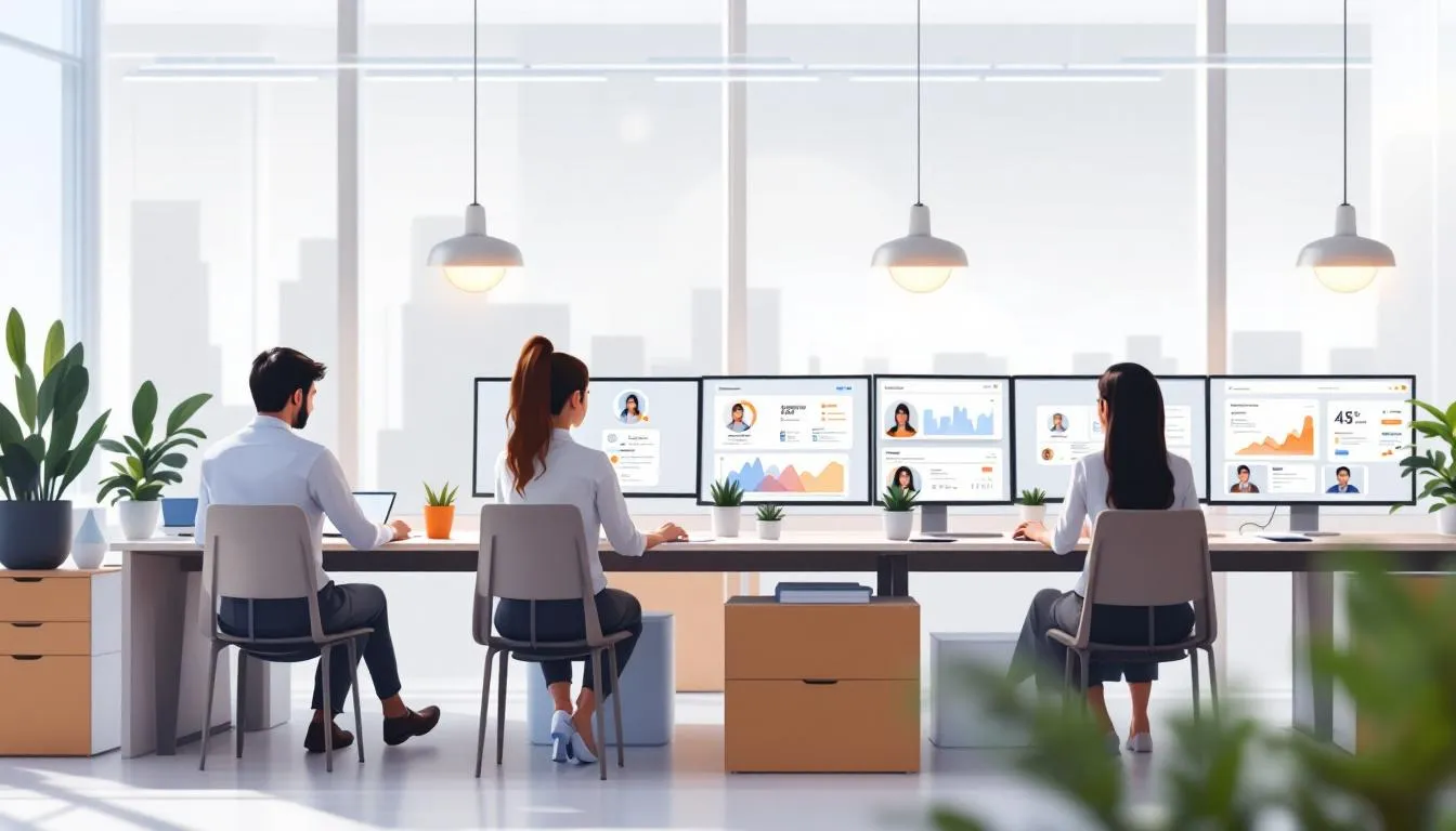 Un aperçu d'un logiciel de centre d'appel en action, montrant des agents au travail.