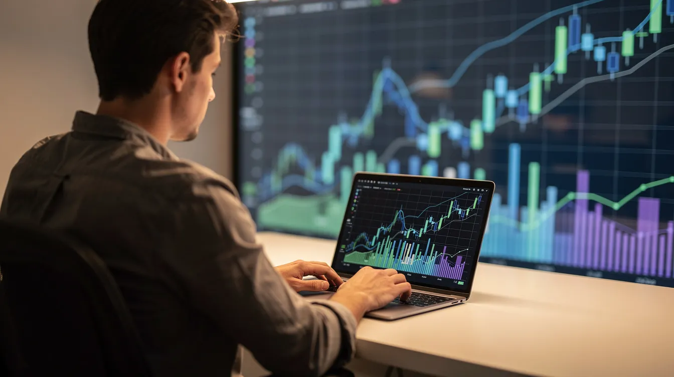 A person is seated at a desk, focused on a laptop, with abstract financial charts displayed in the background, symbolizing the complex world of investment management and compliance within the financial services industry. This scene reflects the role of independent investment advisers navigating various securities laws and regulatory requirements.