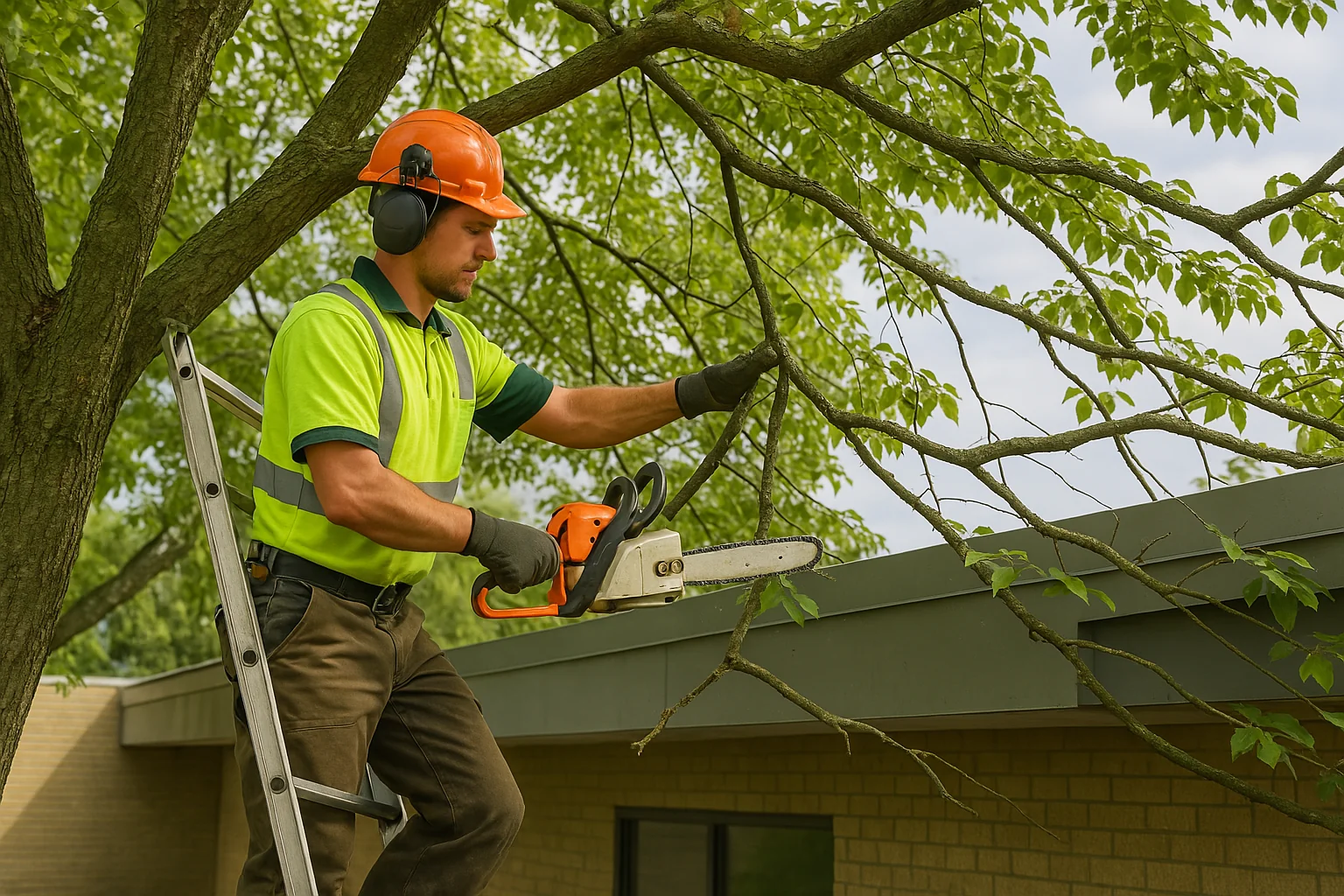 Tree maintenance professional trimming branches near a commercial flat roof to prevent damage and debris buildup.