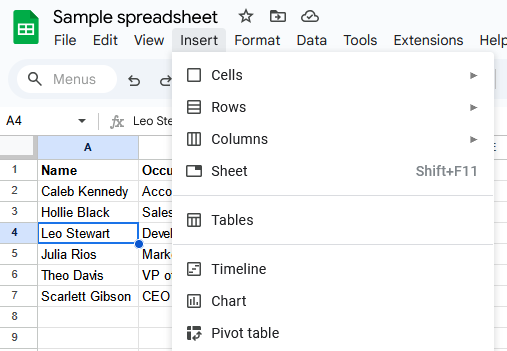 A screenshot of Google Sheets with the Insert menu open.