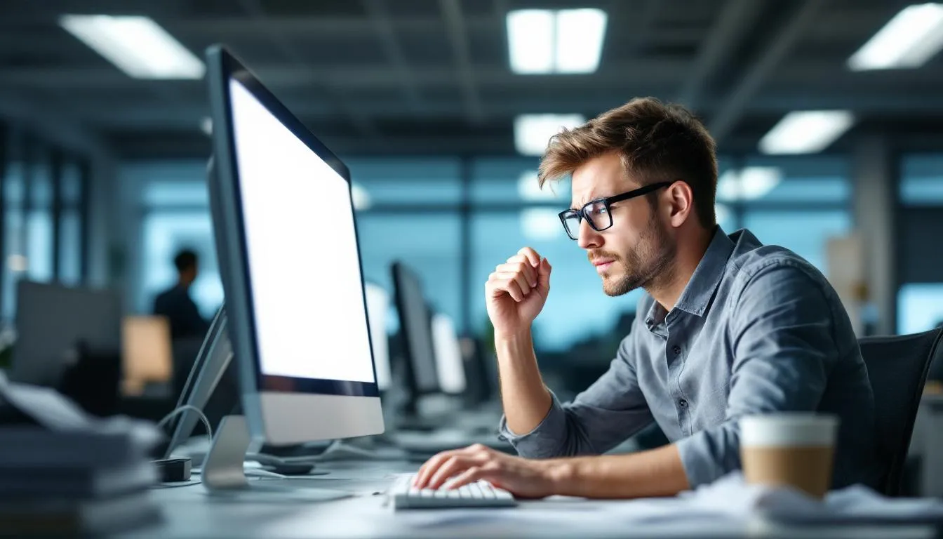 An office worker is sitting at a desk, visibly experiencing eye strain due to glare from a computer monitor, highlighting the importance of proper lighting in a office environment. The image suggests that using a task lamp with adjustable brightness settings could help reduce eye fatigue and enhance comfort during everyday use.