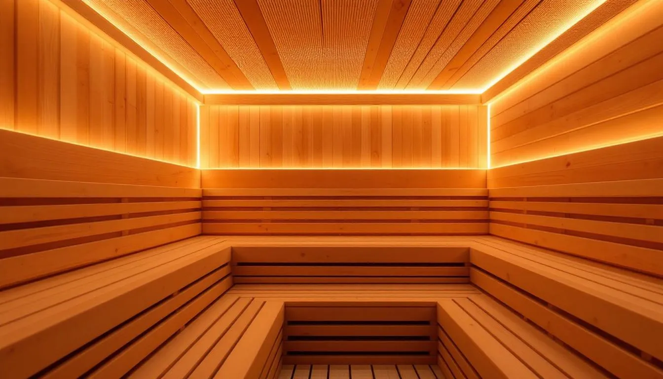 Energy-efficient sauna lights installed in a sauna room.