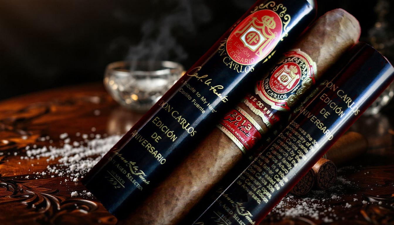 An overview of Arturo Fuente Don Carlos Edición de Aniversario cigars, showcasing a selection of cigars in a luxurious setting.