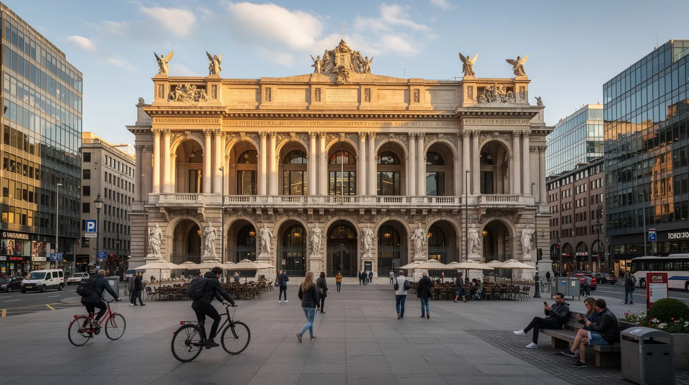 Imagem de um palácio romano majestoso, com colunas e arcos imponentes, situado no centro de uma cidade movimentada na Croácia. O local é cercado por passagens estreitas e movimentadas, refletindo a rica cultura e história do país.