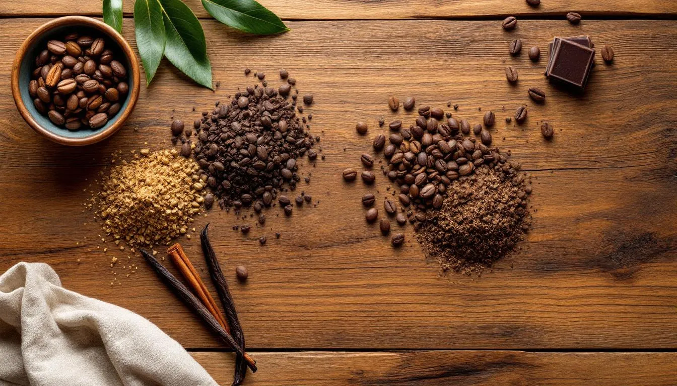 A variety of cacao blends displayed with ingredients on a rustic table.