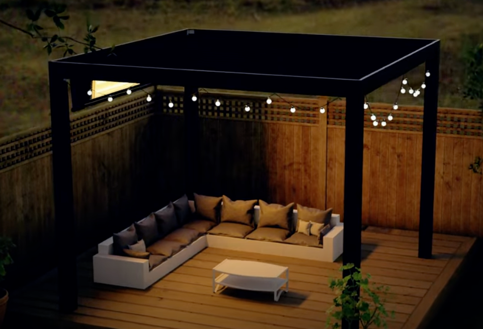 Four post, horizontal beam pergola will provide shade.