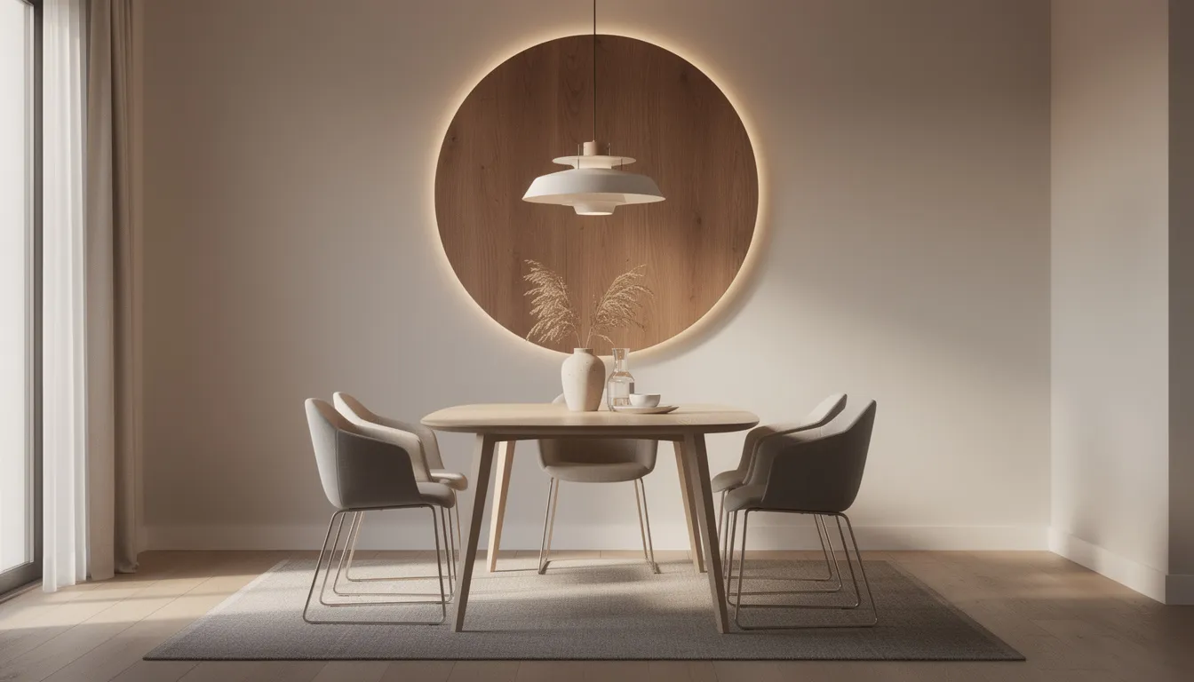 De sfeervolle eethoek toont een grote ronde wandpaneel in warme houtkleuren, die een unieke muurdecoratie vormt boven een elegante ovale eettafel met designstoelen, wat bijdraagt aan de natuurlijke uitstraling van de ruimte. Deze eyecatcher brengt een gezellige sfeer in de woonkamer en maakt het interieur compleet.