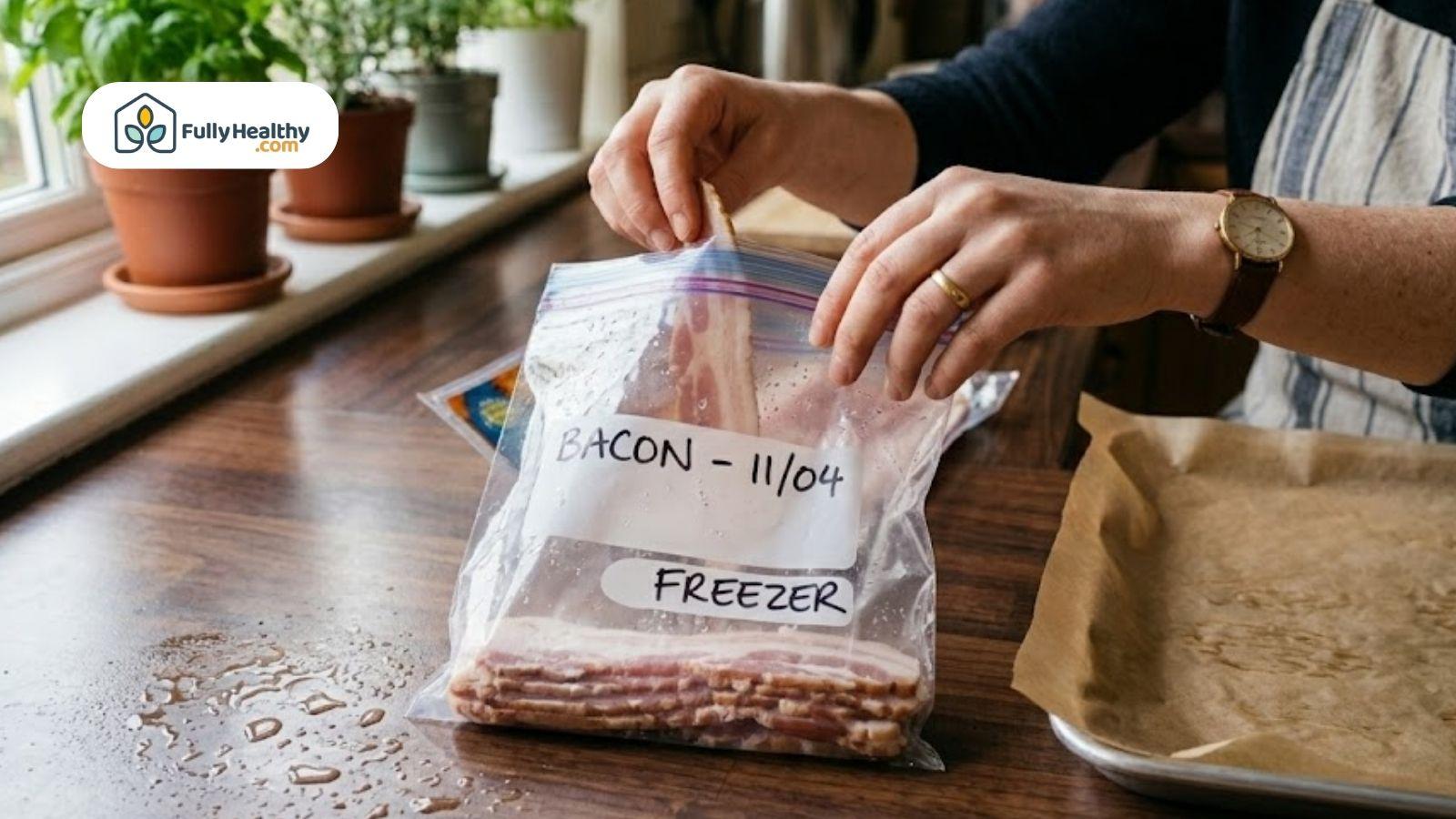 Hands placing raw bacon slices into a labeled freezer bag on a kitchen counter.
