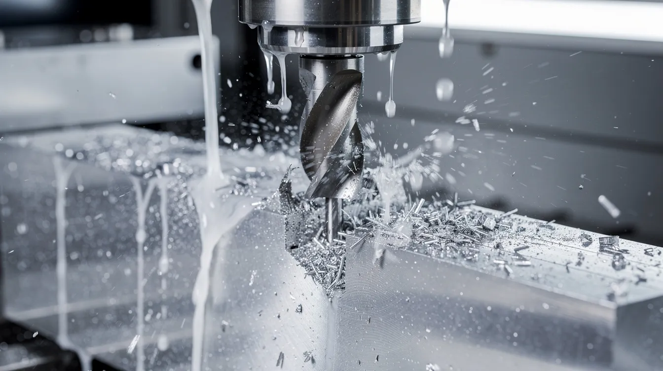 This image shows a close-up view of a precision CNC milling machine actively cutting an aluminum workpiece, with coolant visibly flowing over the tool to enhance the machining process. The scene highlights the advanced equipment used in CNC machining, emphasizing the importance of tight tolerances and quality assurance in precision manufacturing.