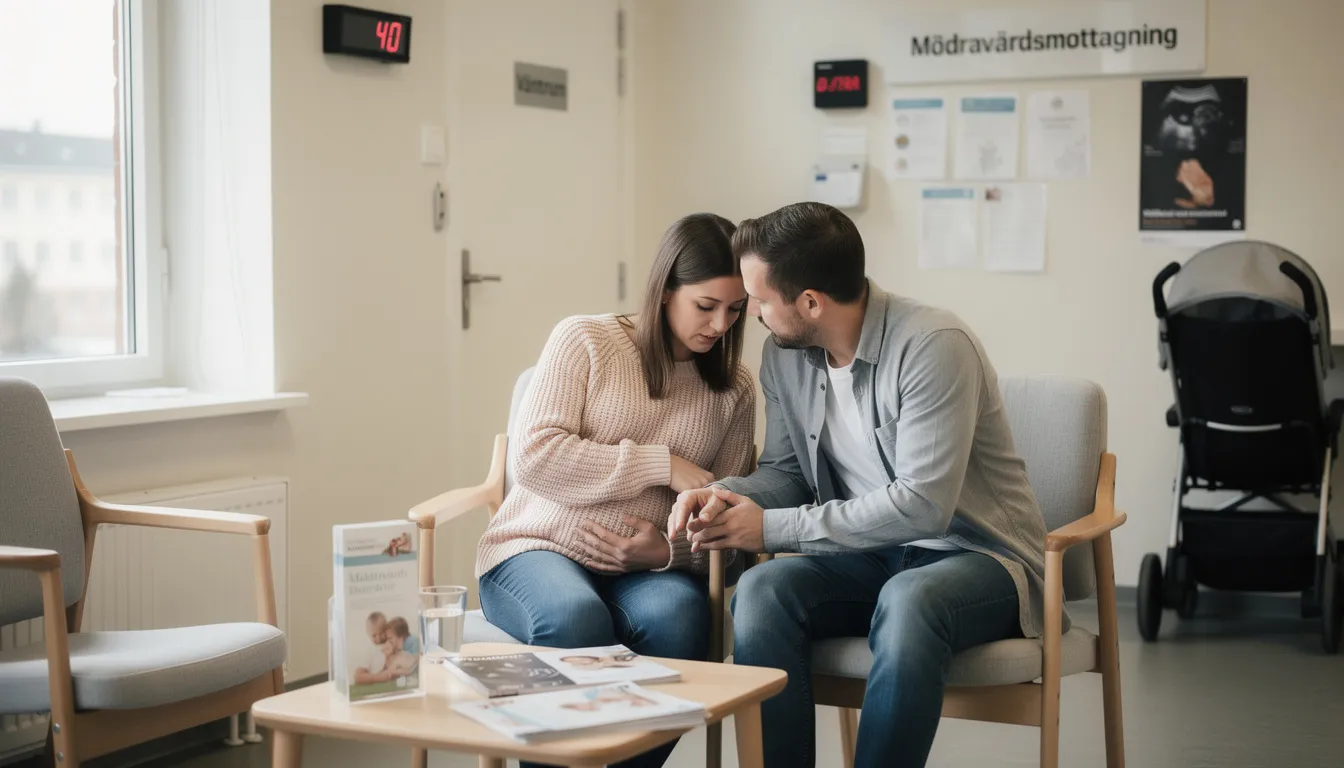 Ett par som håller händerna i ett väntrum på en mödravårdsmottagning, förväntansfulla inför sitt rutinultraljud i graviditetsvecka 18. De ser nervösa ut men glada, redo att få information om fostrets utveckling och eventuella avvikelser.