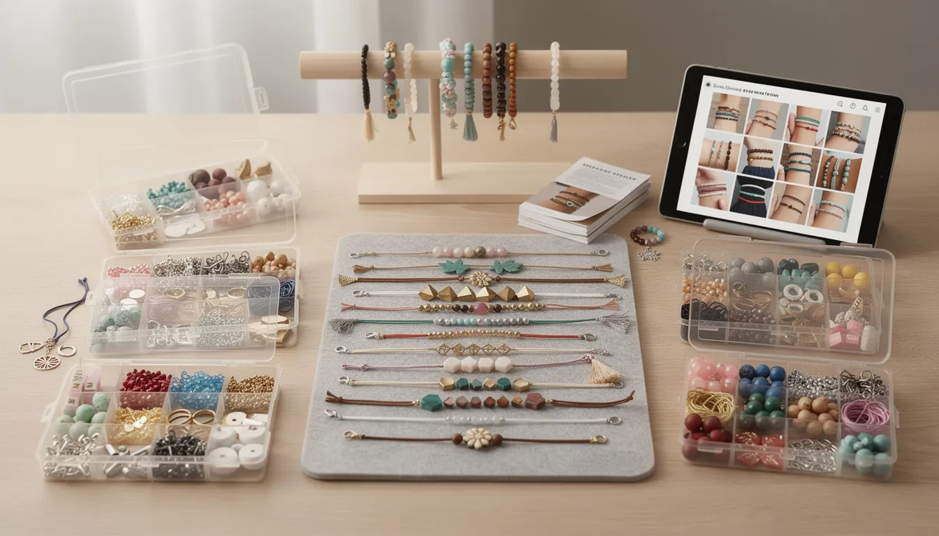 The image showcases a vibrant selection of popular bracelet making kits, featuring a variety of beads, charms, and findings laid out on a flat surface, ready for creative exploration. These kits, designed for all ages and skill levels, provide everything needed to create beautiful handmade jewellery, inspiring users to express their unique style through bracelet beading.